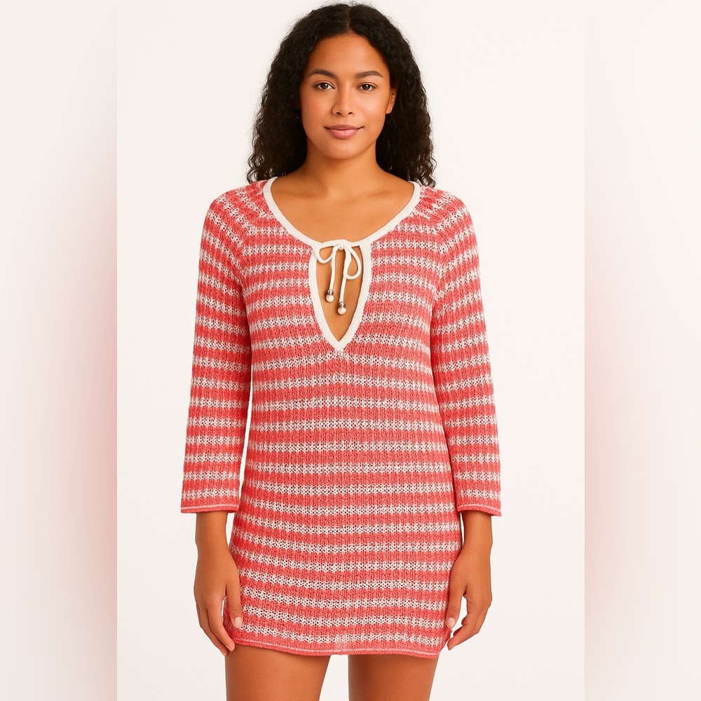 Tommy Bahama Pink & White Knit Tunic Top With Tie Neck Size L